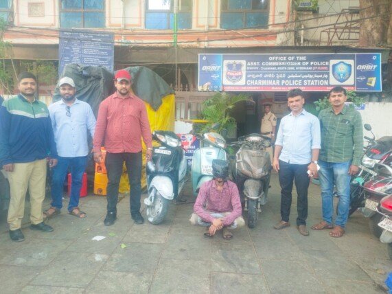 హైదరాబాద్ చార్మినార్ జోన్‌లో వాహన చోరీ నిందితుడు అరెస్ట్ – మూడు ద్విచక్ర వాహనాలు స్వాధీనం